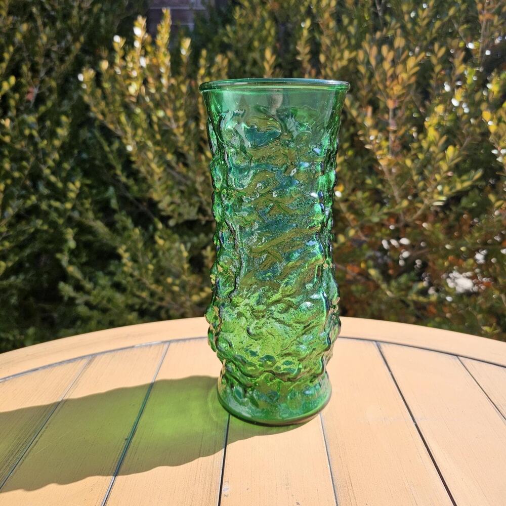 Vintage EO Brody Emerald Green Crinkle Glass Flower Vase
